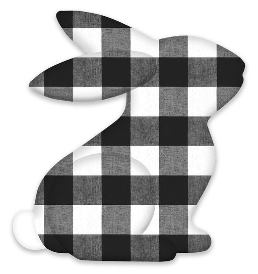 The 12Hx11.2L Metal Sitting Bunny, product MD1055, features a silhouette with a black and white checkered pattern accented by cool grey shades.
