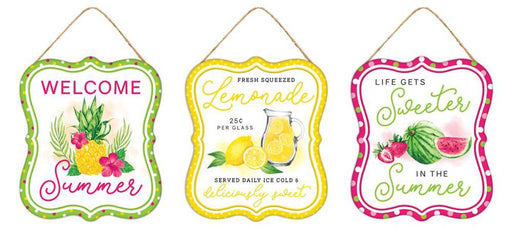 Three decorative summer signs: Welcome Summer with tropical fruits, Fresh Squeezed Lemonade with lemons and a 25¢ price, and Life Gets Sweeter in the Summer with watermelon and strawberries. All are 7Hx6L embossed tin signs available in yellow, hot pink, and lime (MD1070).