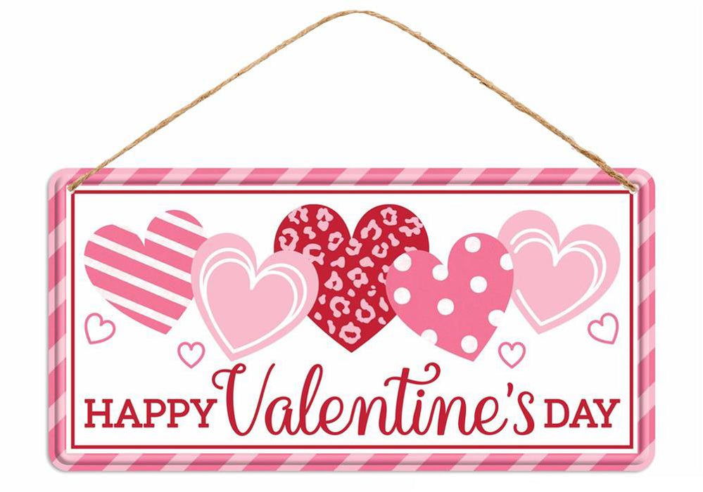 12"Lx6"H Tin Happy Valentines Day Sign  White/Red/Pink  MD1234