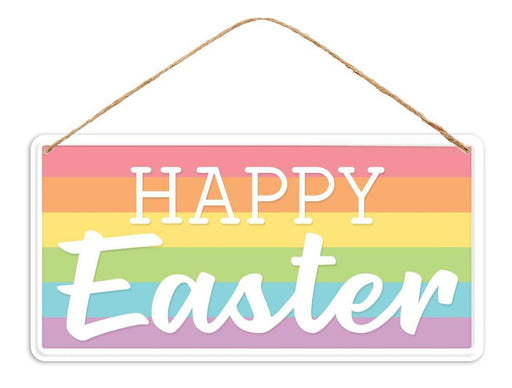 Tin sign featuring a pastel pink, orange, yellow, green, and blue rainbow background with white Happy Easter text. Name: 12Lx6H Tin Happy Easter Sign Pink/Orange/Yellow/Green/Blue/White MD1240.