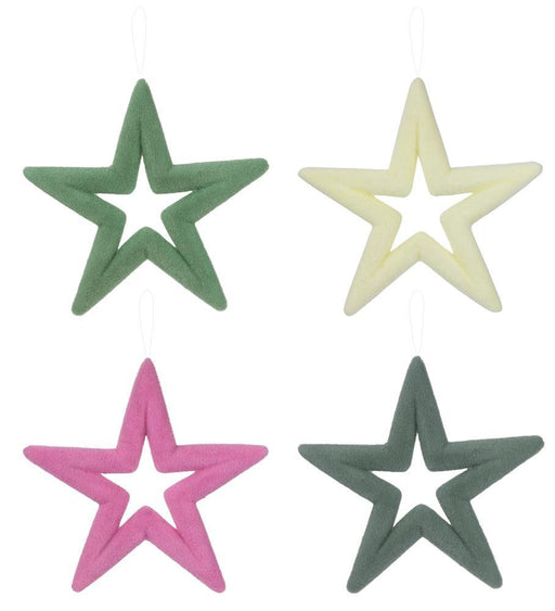 Displayed against a white background are four charming 14"Lx14"H Flocked Open Star ornaments, available in sage green, pink, cream, and grey. Each ornament features a five-pointed cut-out center and a string for hanging. Choose your preferred color to enhance any decor with these delightful additions.