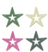 Displayed against a white background are four charming 14"Lx14"H Flocked Open Star ornaments, available in sage green, pink, cream, and grey. Each ornament features a five-pointed cut-out center and a string for hanging. Choose your preferred color to enhance any decor with these delightful additions.