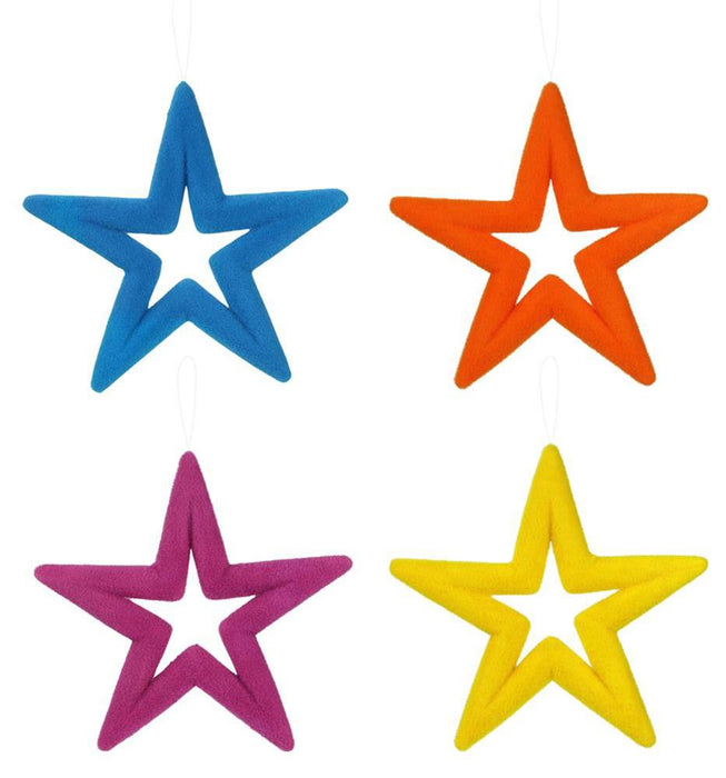Displayed on a white background are four plush open star ornaments in vibrant colors of turquoise, orange, pink, and yellow. Each 14"L x 14"H star has a hollow center and is suspended by a thin string.