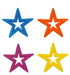 Displayed on a white background are four plush open star ornaments in vibrant colors of turquoise, orange, pink, and yellow. Each 14"L x 14"H star has a hollow center and is suspended by a thin string.