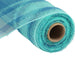 The 10 Aqua Turquoise Plaid Metallic Deco Poly Mesh RE1383RA roll features partially unrolled fabric on a sturdy cylindrical core, with woven light blue and turquoise hues creating an elegant, eye-catching blend.
