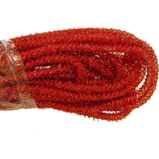 The Red PET Tinsel Flex Tubing RE354124 consists of shiny, textured red tinsel garland made from PET Polypropylene, loosely coiled and partially wrapped in clear plastic.