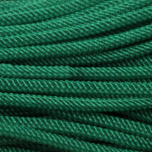 A close-up of Emerald Green Faux Jute Flex Tubing RE366506 reveals several strands tightly wound together, displaying a textured pattern similar to jute.