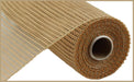 A close-up of the 10X10Yd Horizontal Wide Stripe Mesh Natural (RE890018), a tan open-weave fabric featuring wide stripes, partially unrolled to show its grid pattern and cylindrical cardboard core.