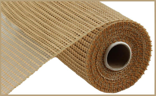A close-up of the 10X10Yd Horizontal Wide Stripe Mesh Natural (RE890018), a tan open-weave fabric featuring wide stripes, partially unrolled to show its grid pattern and cylindrical cardboard core.
