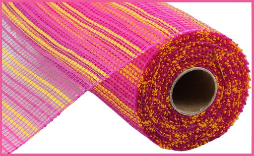 The 10x10yd Hot Pink Yellow Horizontal Wide Stripe Mesh RE8902WM is a decorative, slightly transparent polypropylene fabric roll featuring bright pink, yellow, and gold horizontal wide stripes with a grid-like pattern.