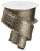 A 1.5" x 10 yd spool of champagne gold metallic ribbon (RG0139944) with a wired edge, textured shiny surface, is partially unrolled and spirals downward against a white background.