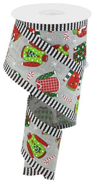 2.5"X10Yd Ugly Christmas Sweaters/Stripe  Lt Gray/White/Red/Green/Black  RG0899910
