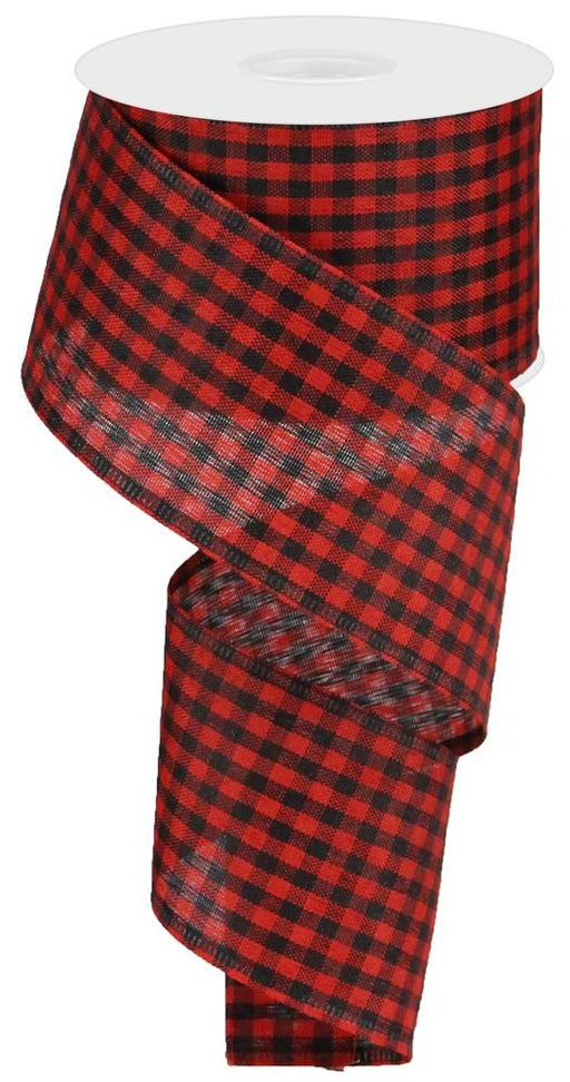 The 2.5X10Yd Gingham Check Red/Black Ribbon (RGA1013WJ) features a red and black checkered buffalo plaid design, partially unrolled and draped vertically.