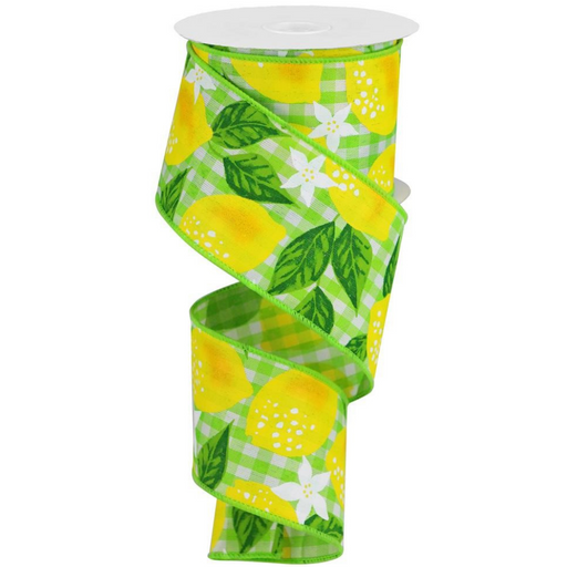 The 2.5 Lemons on Woven Check Ribbon RGA1853RY features yellow lemons, green leaves, and white blossoms on a light green checkered background, all neatly wound on a spool.