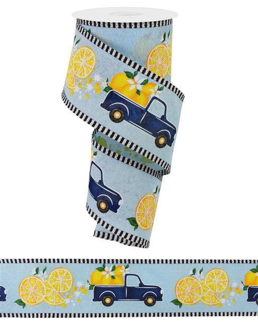 The 2.75" X 10-yard spool of wired ribbon, named RGA834914, features a charming design with blue trucks carrying yellow lemons and white flowers on a light blue background, accented by striking black and white stripe edges.