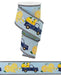 The 2.75" X 10-yard spool of wired ribbon, named RGA834914, features a charming design with blue trucks carrying yellow lemons and white flowers on a light blue background, accented by striking black and white stripe edges.