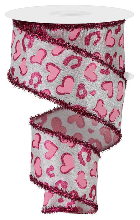 2.5"X10Yd Heart Leopard Spots/Tinsel  White-Silver/Lt Pink/Hot Pink  RGA855311