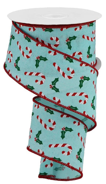 2.5"X10Yd Candy Canes/Holly On Royal  Ice Blue/White/Red/Emerald  RGB1144RM
