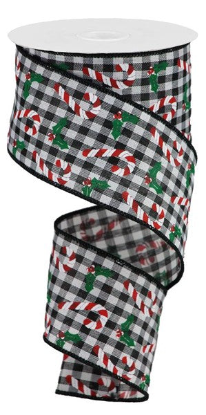 2.5"X10Yd Candy Canes/Holly On Gingham  Black/White/Red/Emerald  RGB1146L6