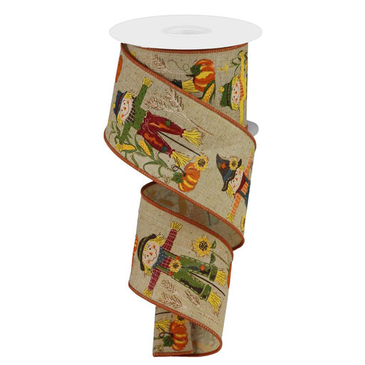 The 2.5 Brown Beige Scarecrow Print Fall Ribbon RGB127804 features pumpkins, sunflowers, and autumn leaves on a burlap-style background with a durable polyester wire edge for easy shaping.