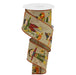 The 2.5 Brown Beige Scarecrow Print Fall Ribbon RGB127804 features pumpkins, sunflowers, and autumn leaves on a burlap-style background with a durable polyester wire edge for easy shaping.