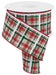 The 2.5X10Yd Printed Plaid/Royal Ribbon (RGC1541NF) in natural, red, emerald, and white elegantly unrolls to reveal its classic plaid pattern, enhanced by a red trim. It stands vertically against a white background, perfect for adding elegance to any festive decor.