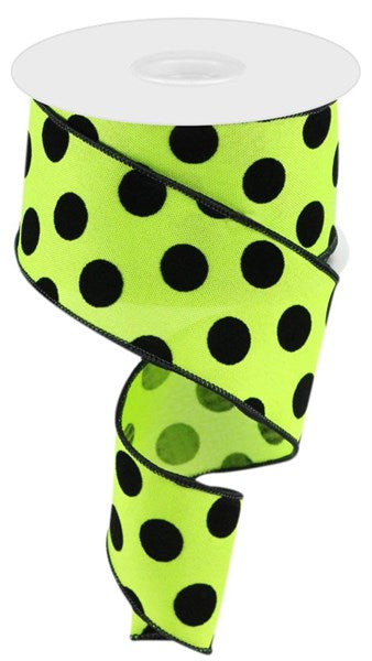 2.5"X10Yd Velvet Polka Dots  Lime Green/Black  RGC162933