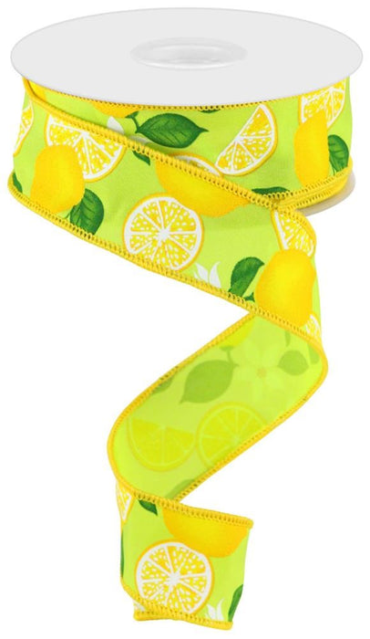 1.5"X10Yd Lemon W/Leaves/Flowers Apple Green/Yellow/Green RGC16589W