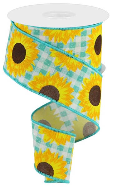 2.5"X10Yd Sunflower On Faux Royal  Lt Teal/Yellow/Orange/Brown  RGC171234