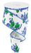 The 2.5X10Yd Blueberries Ivory/Blue/Green RGC175333 wired ribbon is elegantly coiled on display, showcasing clusters of blueberries and green leaves on a white background with blue edging—ideal for adding nature-inspired elegance to any project.