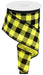 A spool of 2.5X10Yd Velvet Check Squares Ribbon in Sun Yellow/Black with buffalo plaid and black edging, unwound in a spiral.