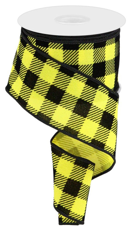 A spool of 2.5X10Yd Velvet Check Squares Ribbon in Sun Yellow/Black with buffalo plaid and black edging, unwound in a spiral.