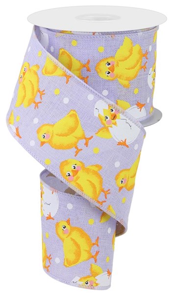 The 2.5"X10Yd Baby Chicks On Royal Lavender/Multi RGE109013 ribbon features a royal lavender background adorned with a charming pattern of baby chicks and broken eggshells, highlighted with white polka dots.