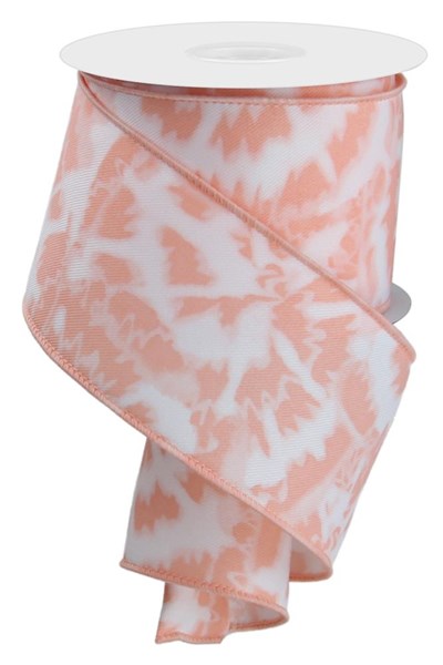 A partially unrolled spool of 2.5x10yd soft tie-dye ribbon, product RGE124115, displays its wavy texture and vibrant white/blush diagonal pattern.