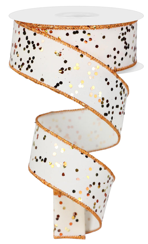A partially unrolled and vertically coiled spool of 1.5X10Yd Sprinkled Hex Glitter Finish Ribbon features a white background with gold, black speckles, and metallic gold edges.