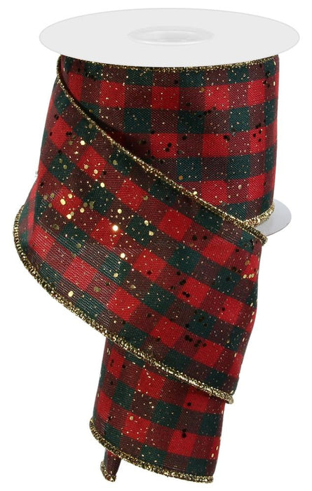 2.5"X10Yd Gingham Check W/Hex Glitter  Red/Emerald/Gold  RGE1296