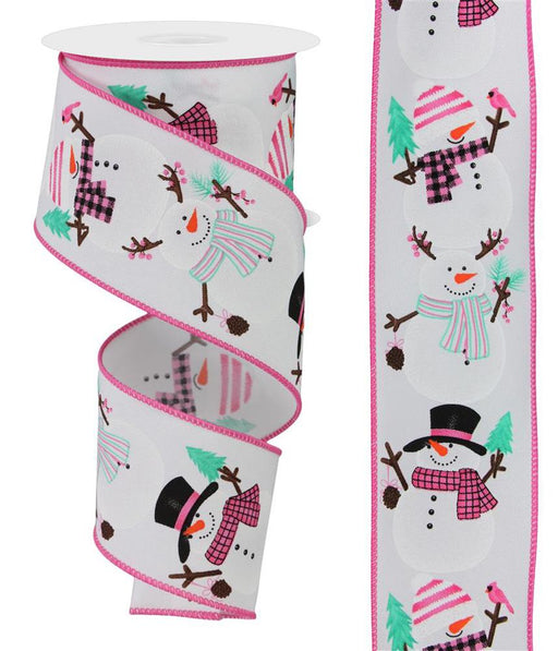 The 2.5 x 10Yd Chubby Snowman Ribbon (White/Pink/Black/Mint/Brn, RGE137027) features cheerful snowmen with hats, scarves, and mittens among trees and pinecones on pink-edged white wired fabric, shown both rolled and unrolled.