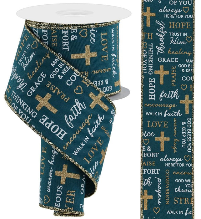 2.5"X10Yd Words Of Comfort On Diagonal  Dark Teal/White/Gold  RGE1375H3