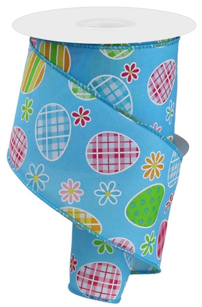 2.5"X10Yd Check Plaid Egg/Daisy On Pg  Turquoise/Blue/Lime/Pink/Gold/Yellow  RGE1406JH