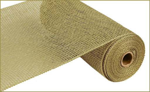 A roll of 10 Poly Burlap Moss Green RP810032 is partially unrolled, showcasing its open weave texture. The coarsely woven material stands out beautifully against a white background.