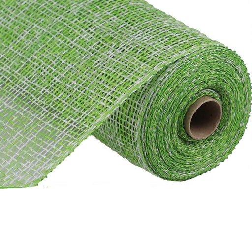 The 10 Lime Green and White Two Tone Poly Burlap Mesh (RP815543) is partially unrolled, showcasing its woven texture and open grid pattern. The polypropylene fabric lies on a white background, highlighting its vibrant color and intricate design.