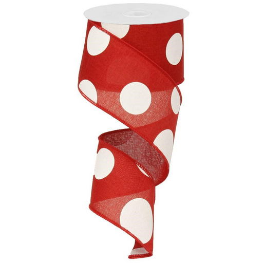 The 2.5 Large Multi Dots Red/White RX9143W7 ribbon unfurls gracefully downward in a vibrant and spiral pattern.