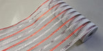 The 10.25" x 10-yard Metallic Poly/Faux Jute Mesh (White/Red/Light Pink, RY8019T2) showcases alternating bands of metallic red, light pink, and silver on a white background, elegantly presented on a smooth gray surface.