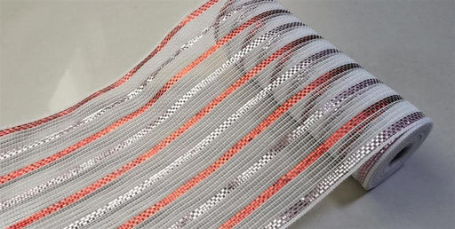 The 10.25" x 10-yard Metallic Poly/Faux Jute Mesh (White/Red/Light Pink, RY8019T2) showcases alternating bands of metallic red, light pink, and silver on a white background, elegantly presented on a smooth gray surface.