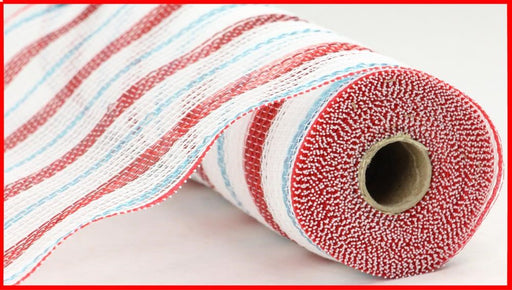 The 10.25X10Yd Poly/Faux Jute/Metallic Mesh White/Red/Ice Blue fabric, partially unrolled, showcases its unique texture with solid white and blue stripes and a speckled red stripe on a plain background. Its metallic mesh adds an elegant touch. (Product Code: RY8020R6).