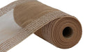 The 10.25X10YD Drift/PP Wide Border Mesh Natural RY811418 roll is partially unrolled, displaying its beige burlap fabric and net-like texture. Its coarse weave makes it perfect for crafts or decorations, set against a plain white background.