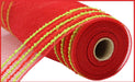 A partially unrolled roll of 10.25X10Yd Drift/Pp Wide Border Mesh in red and lime green (RY811634) reveals a neat, stitched design with a visible cylindrical cardboard core.