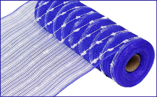 A partially unrolled 10.5 Snowball Poly Metallic Foil Mesh in royal blue with a white diamond pattern reveals its transparent polypropylene grid design on a white background.