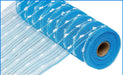 A roll of the 10.5" Snowball Poly Metallic Foil Mesh in Turquoise White (RY820067) is partially unrolled to display its grid-like pattern. The tightly coiled polypropylene material wraps around a cardboard core, all set against a plain white background.