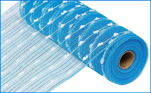 A roll of the 10.5" Snowball Poly Metallic Foil Mesh in Turquoise White (RY820067) is partially unrolled to display its grid-like pattern. The tightly coiled polypropylene material wraps around a cardboard core, all set against a plain white background.